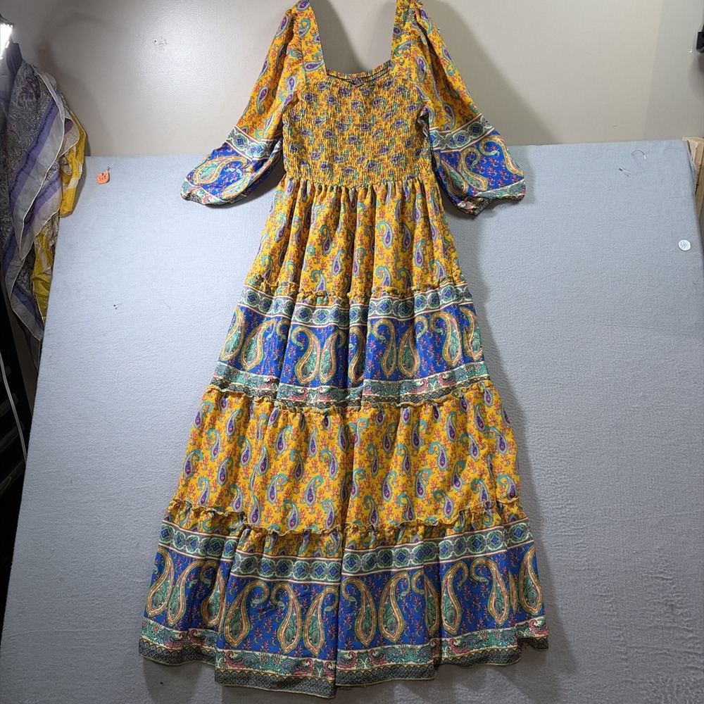 ME2MAGIC Yellow Paisley Smocked Maxi Dress Square Neck Balloon Sleeve Boho M